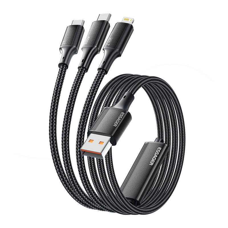 USB-A 3in1 laidas, Essager, EXCMTL-JJ01-P, USB-C/Lightning/Micro, 100W, 1,2m (juodas)