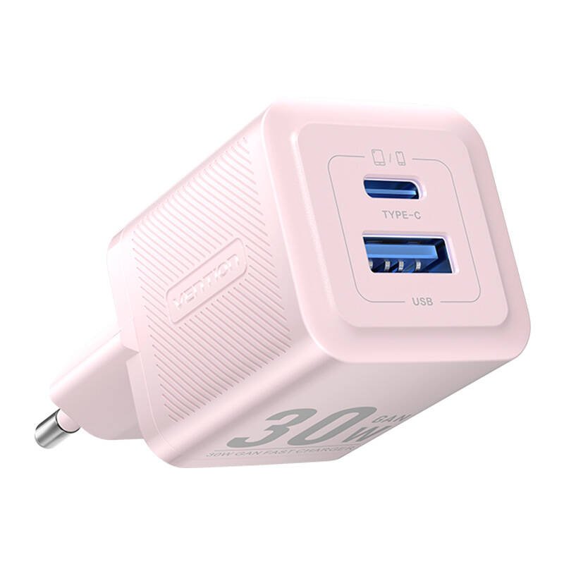 Sieninis įkroviklis, Vention, FEQP0-EU, USB-C + USB-A, 30W/30W, GaN (rožinis)