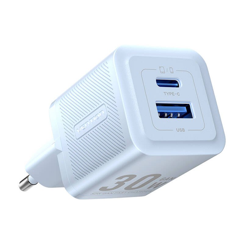 Sieninis įkroviklis, Vention, FEQL0-EU, USB-C + USB-A, 30W/30W, GaN (mėlynas)