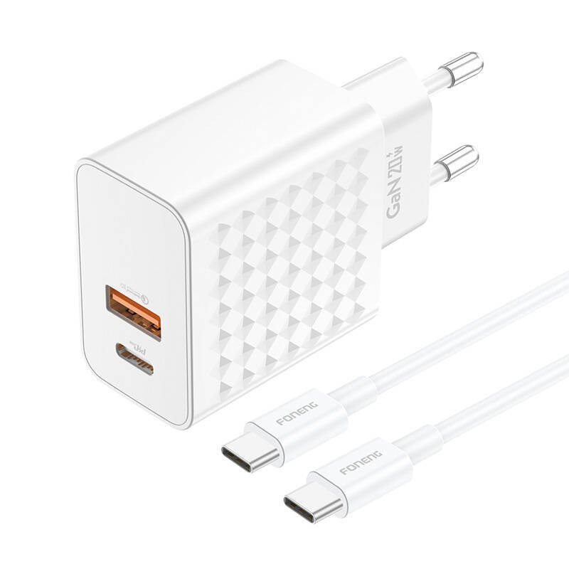 Foneng EU42 USB-C+USB-A 20W maitinimo įkroviklis + USB-C - USB-C kabelis (baltas)