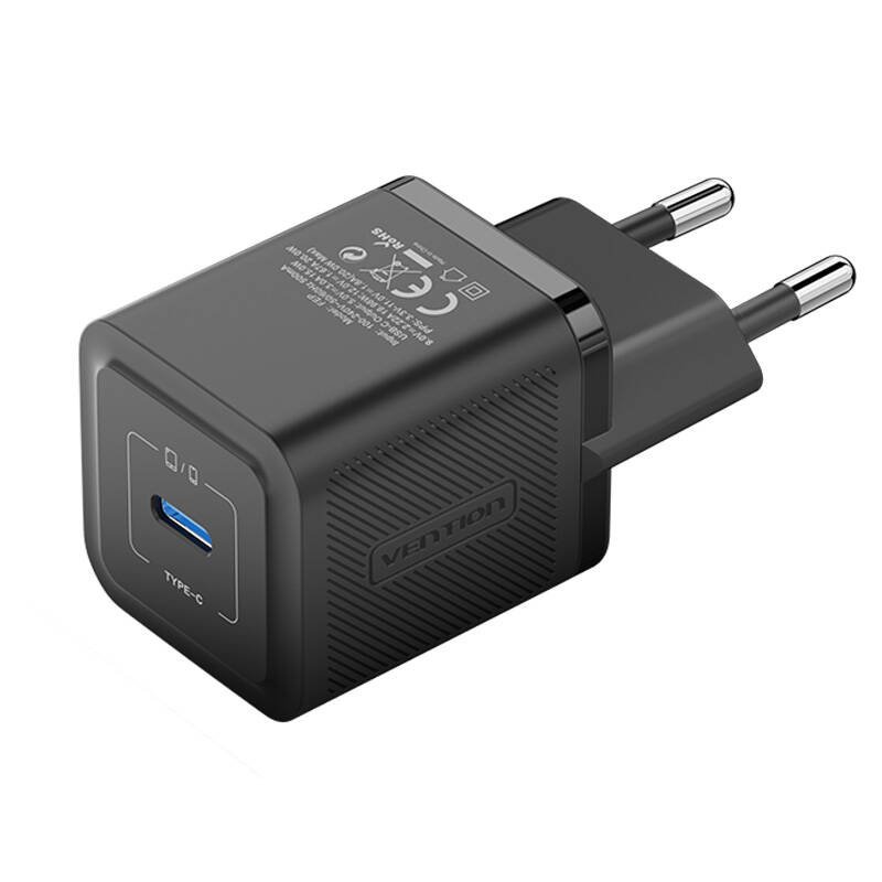 Sieninis įkroviklis, Vention, FEPB0-EU, USB-C, 20W, GaN (juodas)
