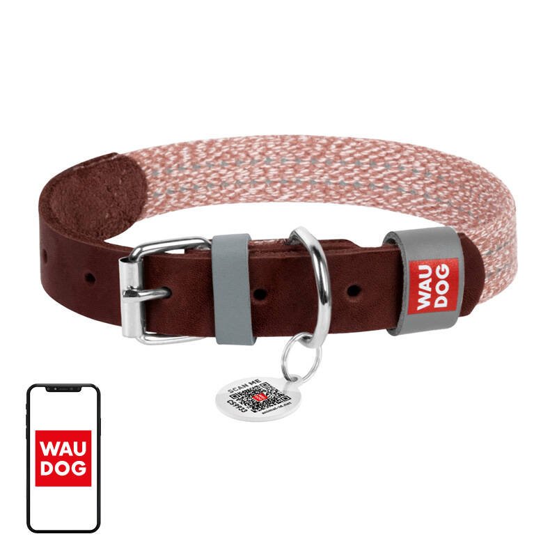 Šunų apykaklė, pagaminta iš natūralios odos ir perdirbtų medžiagų su QR kodu Waudog, dydis M, 20 mm pločio, ruda