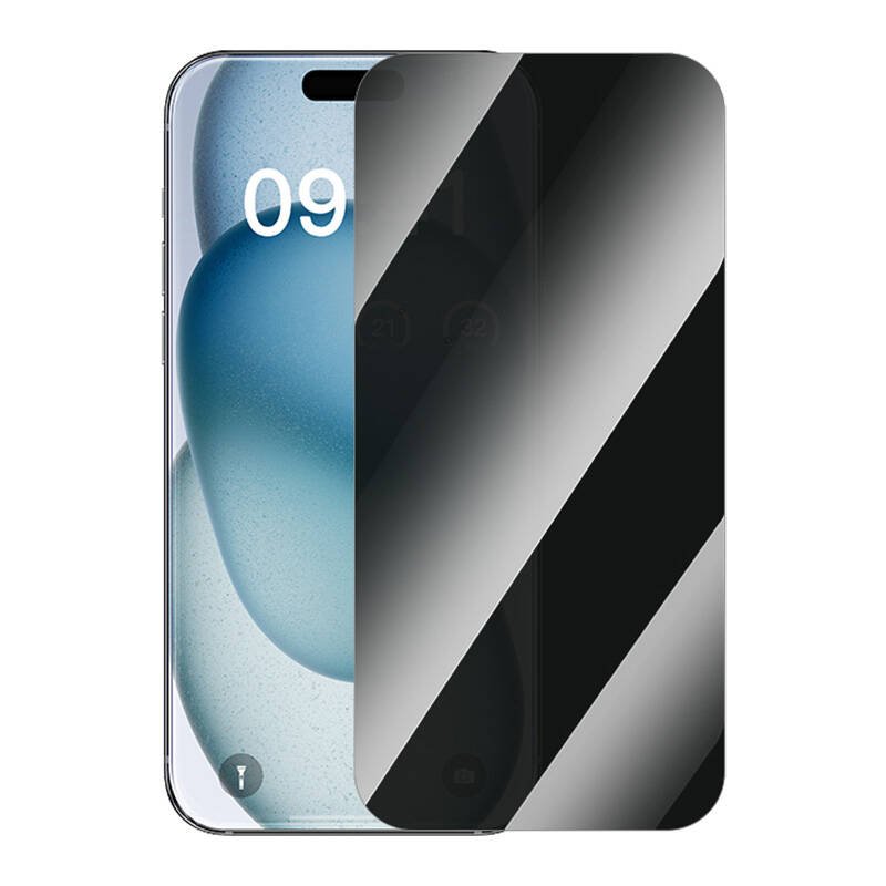 Privatumo grūdintas stiklas Baseus Superior iPhone 15 + valymo rinkinys ir EasyStick (skaidrus)