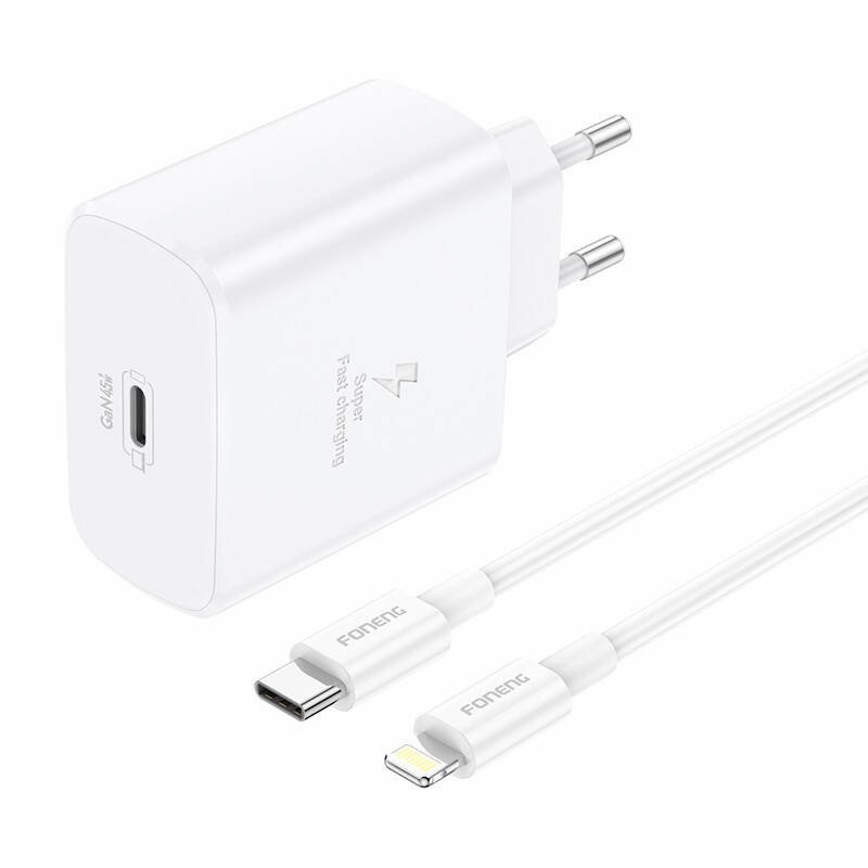 Foneng EU62 45W USB- C tinklo įkroviklis + USB-C ir Lightning kabelis (baltas)