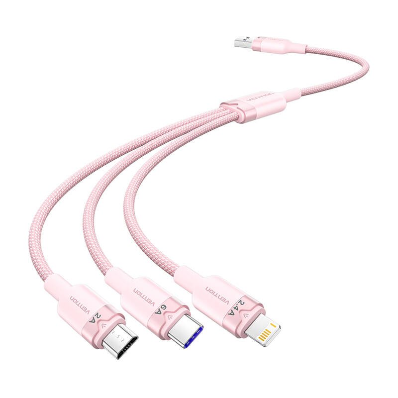 USB 2.0 A į 3-in-1 6A kabelis Vention CTRPG 1.5M (rožinis)