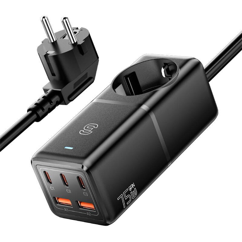 Sieninis įkroviklis, Essager, ECTAC-BRB01-Z, GaN, 3xUSB-C, 2xUSB-A, Gniazdko AC, 75W (juodas)