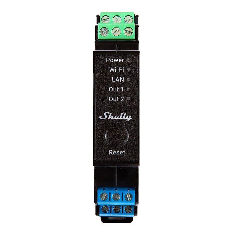Shelly Pro 2PM DIN bėgelio 2 kanalų relė, WiFi/LAN (energijos matavimas)