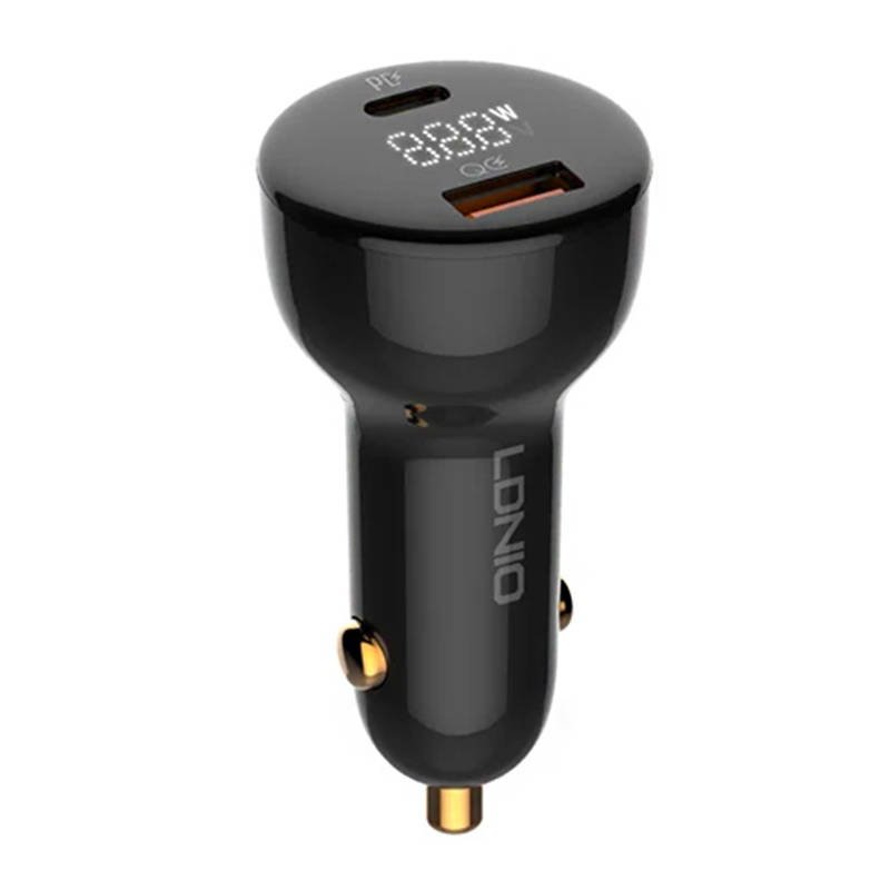 LDNIO C101 automobilinis įkroviklis, USB + USB-C, 100 W + USB-C į Lightning laidas (juodas)