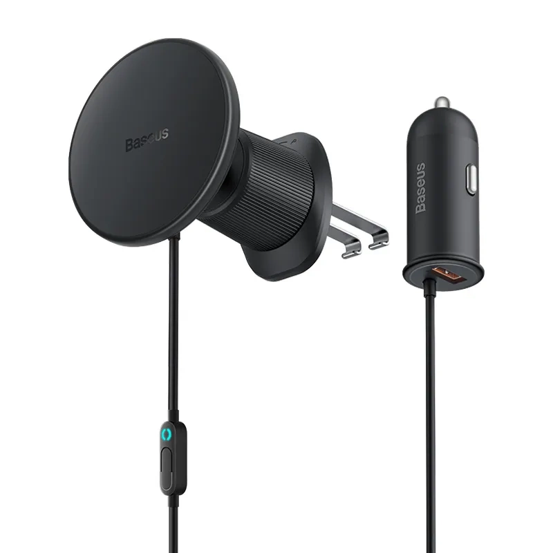 Magnetinis automobilinis telefono laikiklis Baseus CW01 prie ventiliacijos grotelių su USB-A įkrovikliu, 15 W + 25 W (juodas)