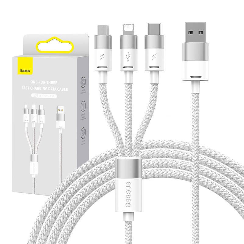 3in1 USB kabelis Baseus StarSpeed serijos, USB-C + Micro + Lightning 3,5 A, 1,2 m (baltas)