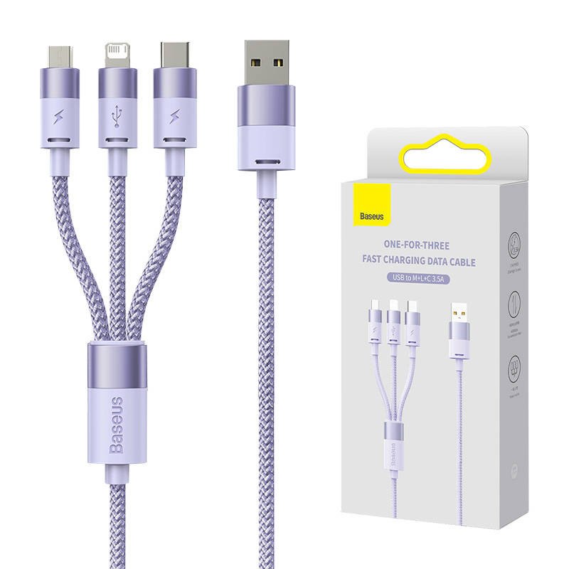 3in1 USB kabelis Baseus StarSpeed serijos, USB-C + Micro + Lightning 3,5 A, 1,2 m (violetinis)