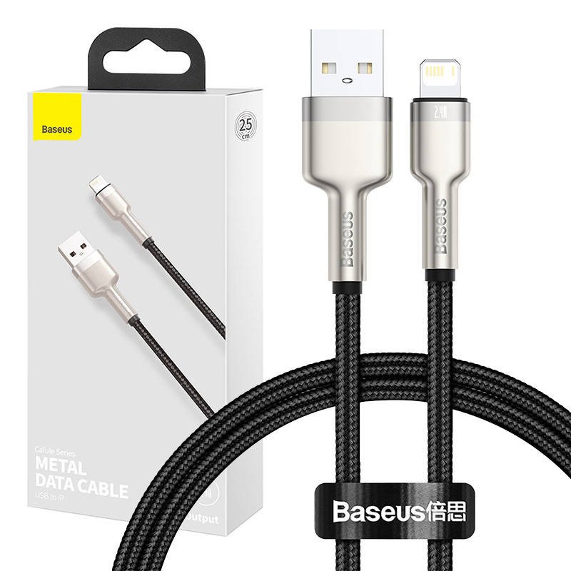 USB laidas Lightning Baseus Cafule, 2,4 A, 0,25 m (juodas)