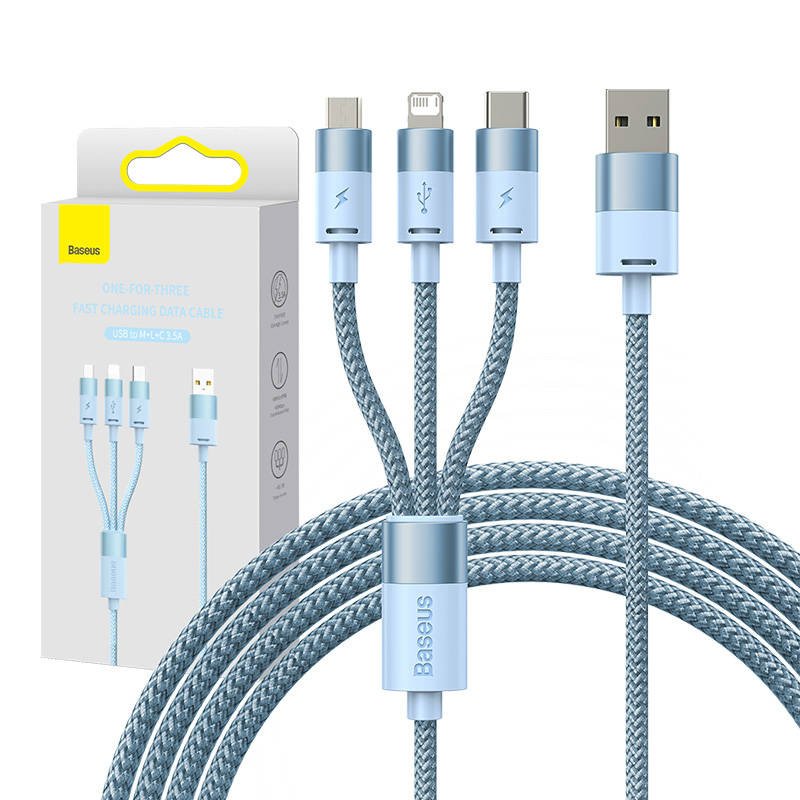 3v1 USB kabelis Baseus StarSpeed serijos, USB-C + Micro + Lightning 3,5 A, 1,2 m (mėlynas)