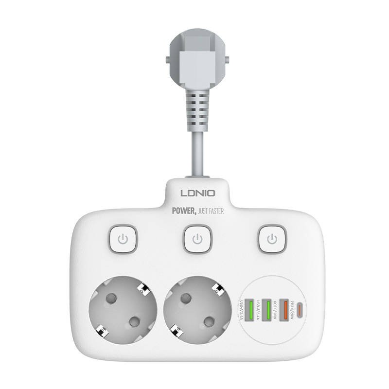 Kintamosios srovės lizdų ir USB prailgintuvas su 2 AC lizdais, 3x USB, USB-C, LDNIO SE2435, 2500W (baltas)