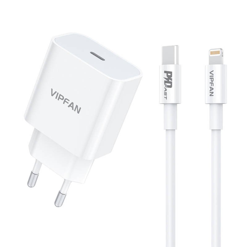 Sieninis įkroviklis VFAN E04, USB-C, 20 W, QC 3.0 + Lightning laidas (baltas)