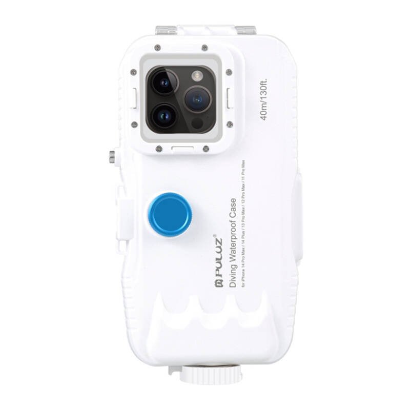 Plastikinis vandeniui atsparus telefono dėklas Puluz, skirtas iPhone 14 Plus/Pro Max/13 Pro Max/12 Pro Max/11 Pro Max (baltas)