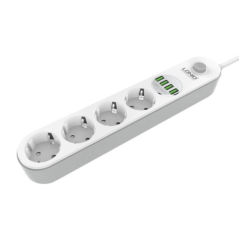 Kintamosios srovės lizdų ir USB prailgintuvas su 4 AC lizdais, 4x USB, LDNIO SE4432, 2m (baltas)