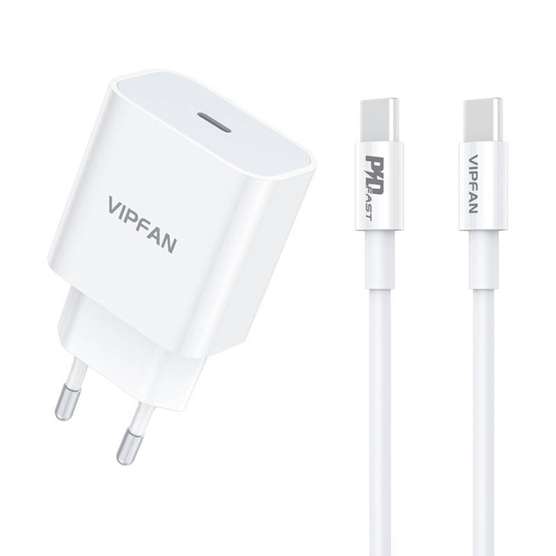 Sieninis įkroviklis VFAN E04, USB-C, 20 W, QC 3.0 + USB-C laidas (baltas)
