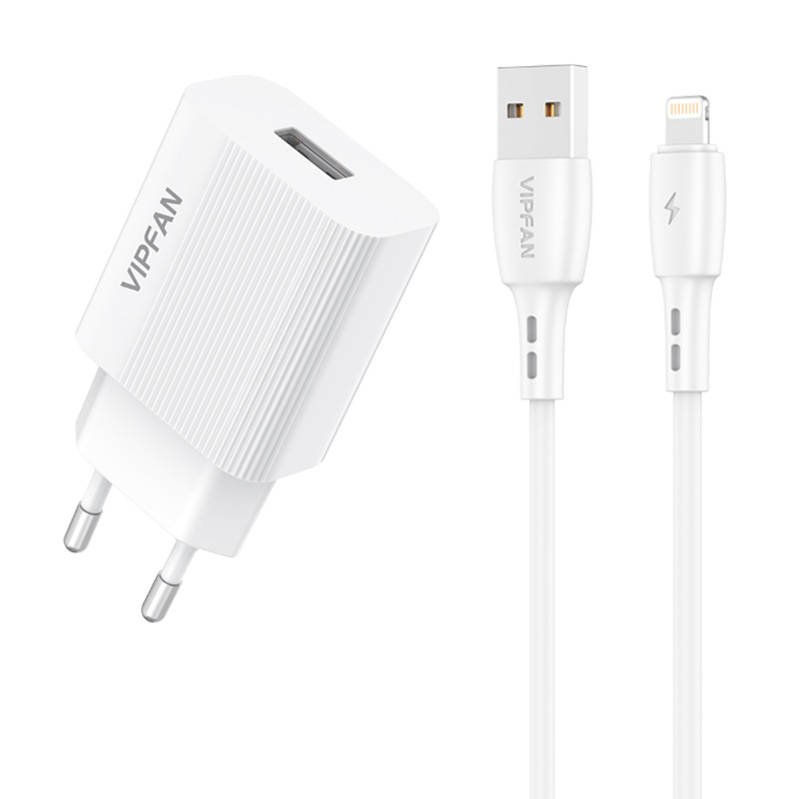 Tinklo įkroviklis VFAN E01, 1x USB, 2,4A + Lightning laidas (baltas)