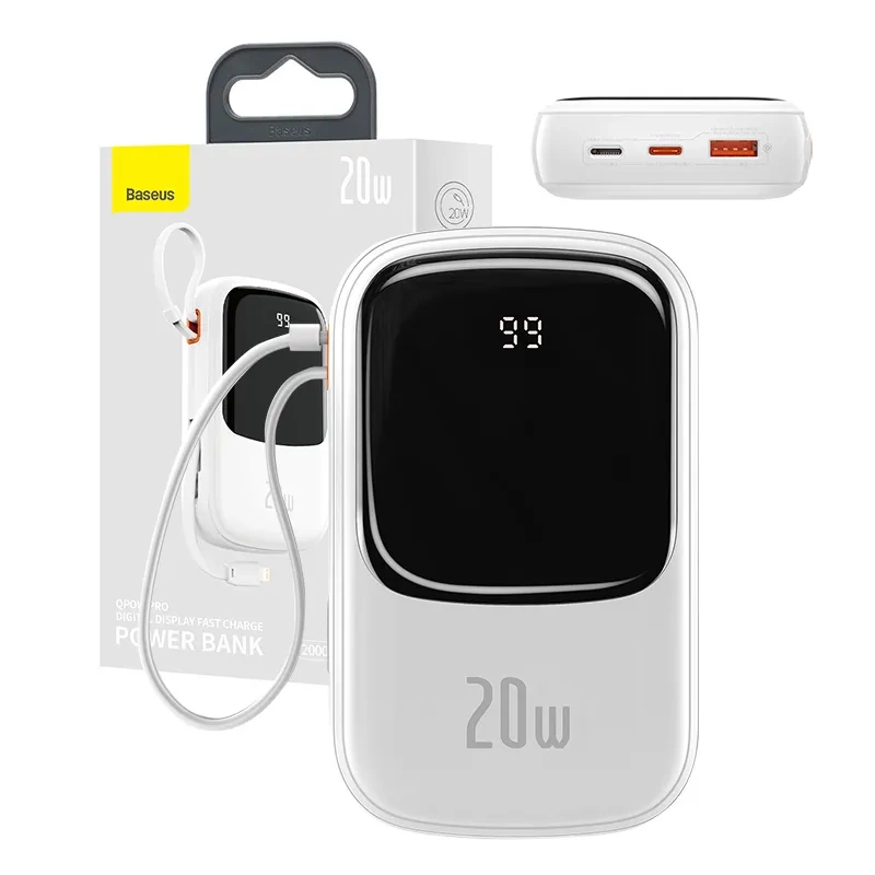 Išorinė baterija Baseus Qpow PRO su Lightning laidu, USB-C ir USB jungtimis, 20000 mAh, 20 W (baltas)