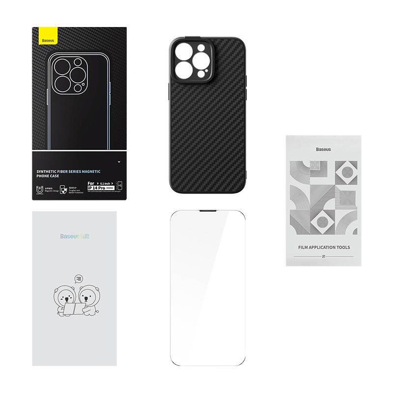 Magnetinis dėklas Baseus Synthetic Fiber Series, skirtas iPhone 14 Pro (juodas)+ grūdintas stiklas + valymo rinkinys