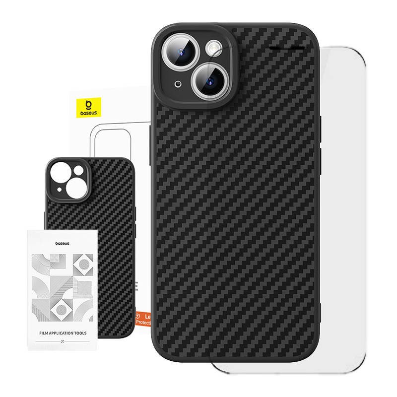 Dėklas Baseus iš sintetinio pluošto iPhone 15 Plus + grūdintas stiklas