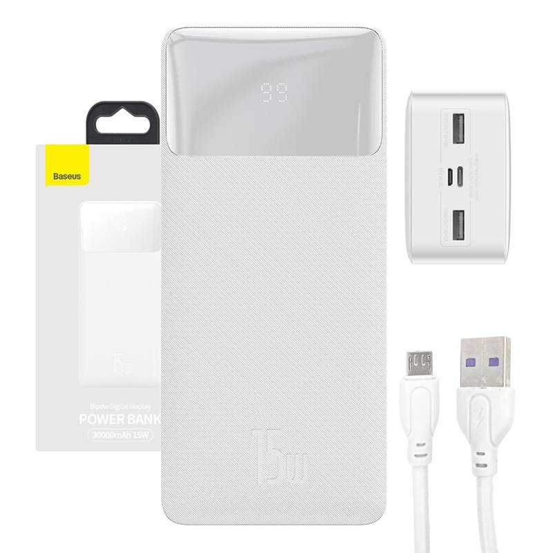 Išorinė baterija Baseus Bipow 30000 mAh, 15 W (baltas)