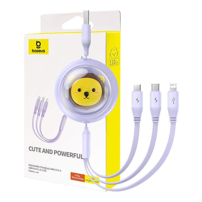 Įkrovimo kabelis 3w1 Baseus USB į USB-C, USB-M, Lightning 3,5A, 1,1 m (violetinis)