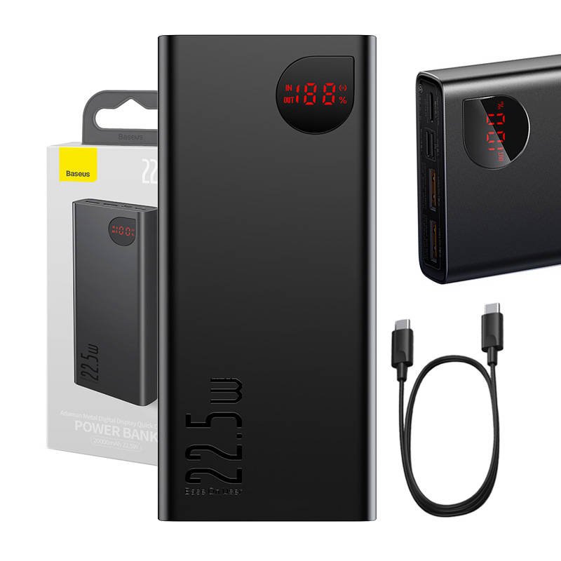 Išorinė baterija Baseus Adaman Metal, 20000 mAh, 2xUSB, USB-C, Lightning, MicroUSB 22.5 W (juodas)