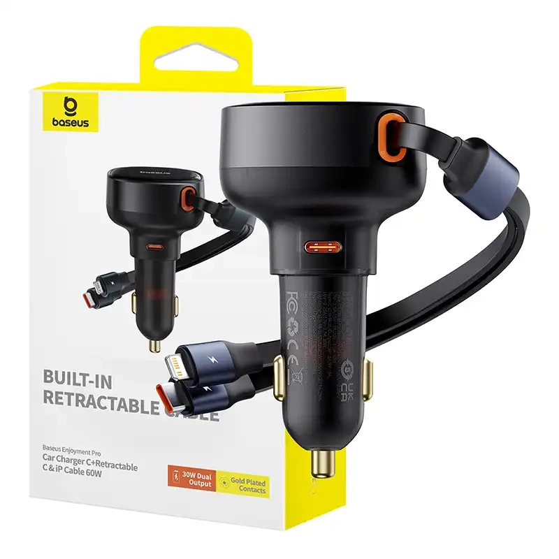 Automobilinis įkroviklis Baseus Enjoyment USB-C su USB-C kabeliu ir Lightning 60 W (juodas)