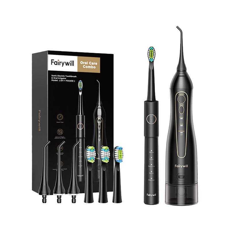 Ultragarsinis dantų šepetėlis su antgalių rinkiniu ir vandens irigatoriumi FairyWill FW-5020E + FW-E11 (juodas)