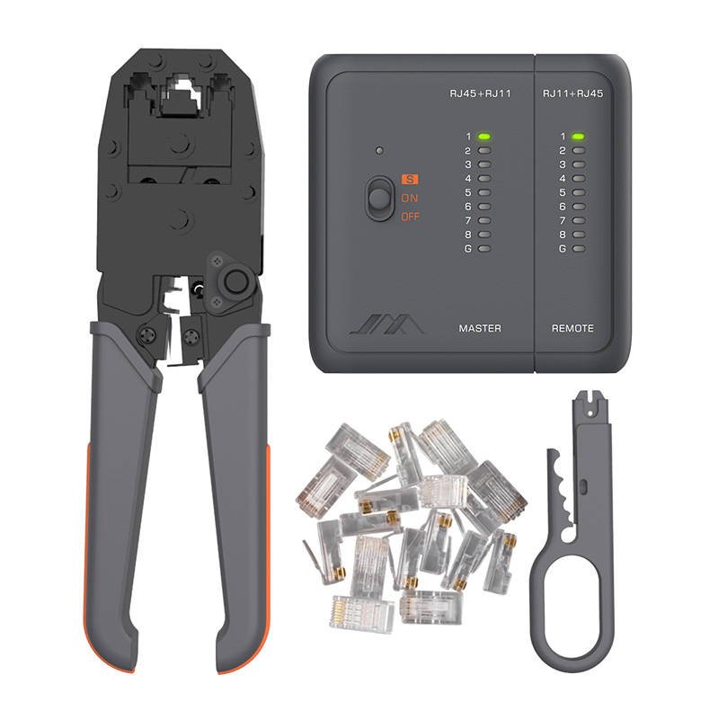 5-in-1 rinkinys: kabelių testeris, spaustukas, izoliacijos peilis, dėklas, RJ45 kištukai JIMI Home JM-GTW5N