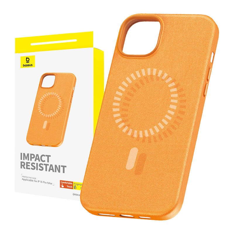 Magnetinis telefono dėklas iPhone 15 ProMax Baseus Fauxther serijos telefonams (oranžinis)