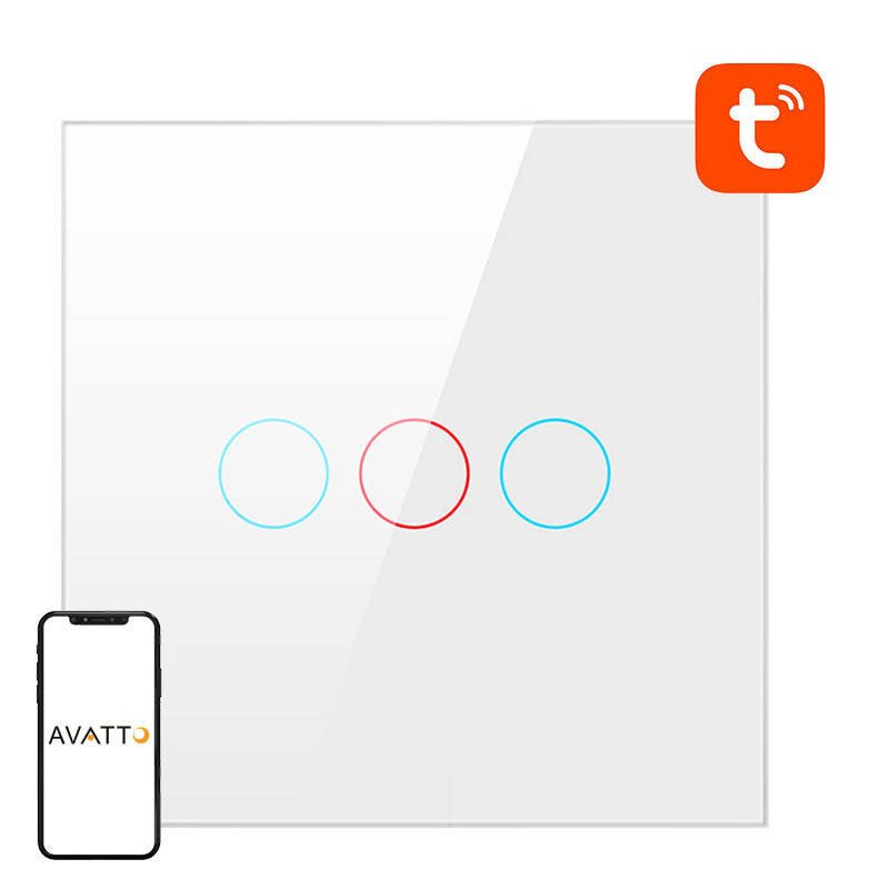 Išmanusis šviesos jungiklis WiFi Avatto TS02-EU-W3 3 kanalų TUYA (baltas)