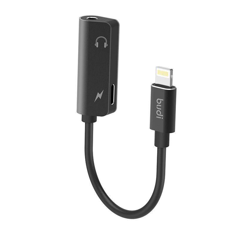 Lightning į AUX mini lizdą 3,5 mm adapteris + Lightning Budi (juodas)