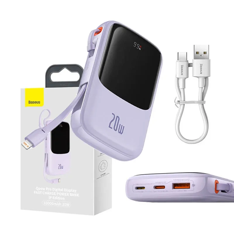 Išorinė baterija Baseus Qpow Pro su Lightning laidu, USB-C, USB, 10000mAh, 20W (violetinis)