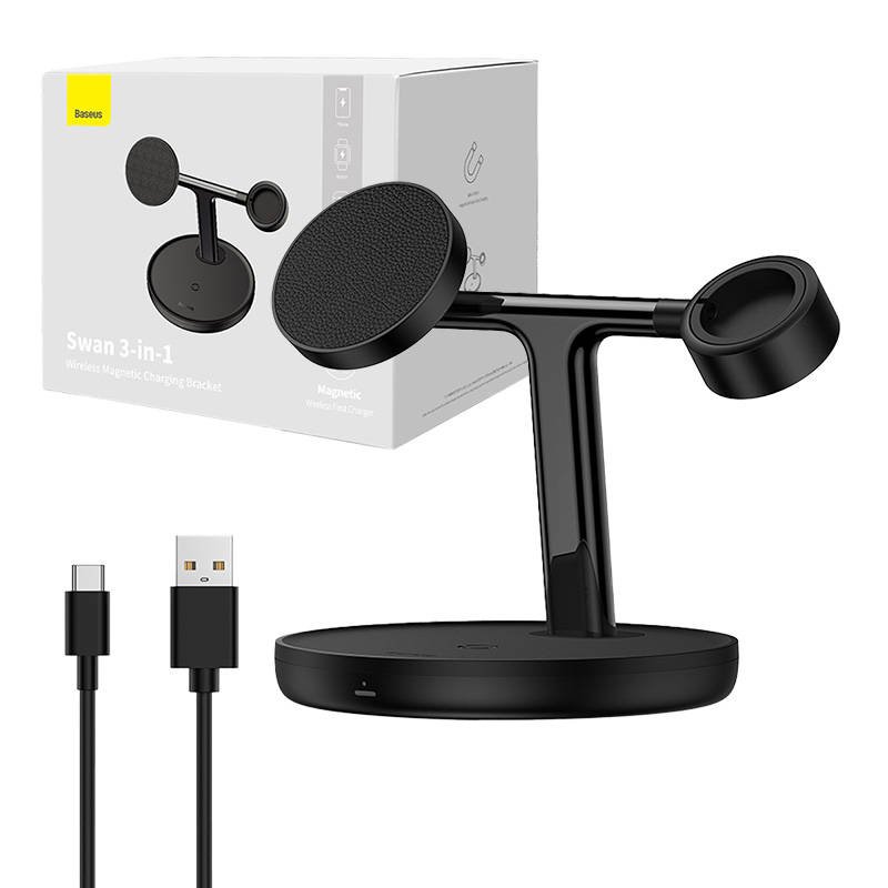 Magnetinis įkrovimo laikiklis Baseus Swan 3 in 1 20W (juodas)
