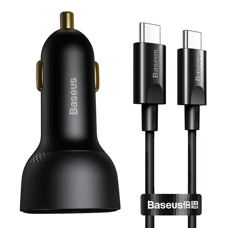 Automobilinis įkroviklis Baseus Superme, USB, USB-C, 100W + USB-C kabelis (juodas)