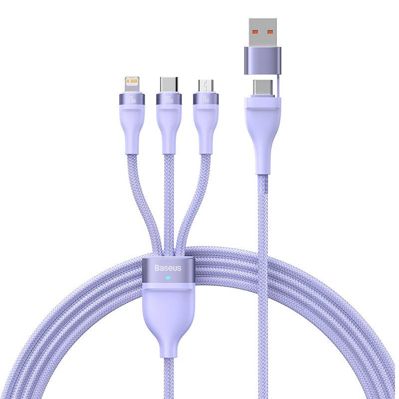 3v1 USB kabelis Baseus Flash Series 2, USB-C + micro USB + Lightning, 100 W, 1,2 m (violetinis)