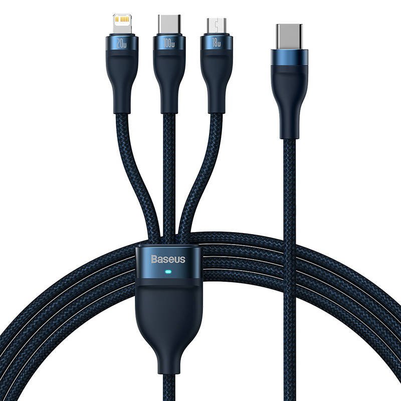 3v1 USB kabelis Baseus Flash Series 2, USB-C + micro USB + Lightning, 100 W, 1,5 m (mėlynas)
