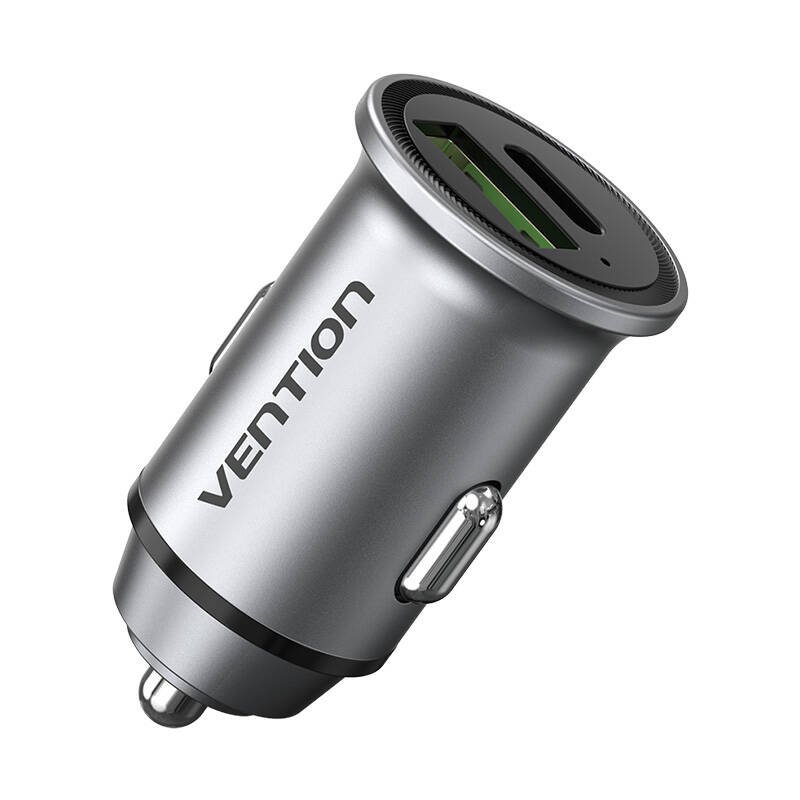 Dviejų prievadų automobilinis USB-A, USB-C įkroviklis Vention FFBH0 18/20W pilka