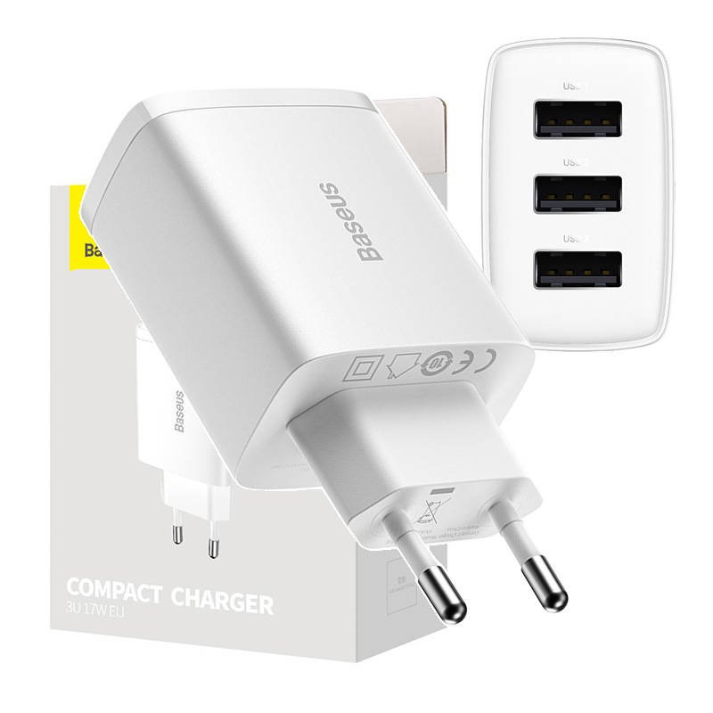 Baseus kompaktiškas greitasis įkroviklis, 3x USB, 17 W (baltas)