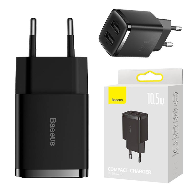 Baseus kompaktiškas greitasis įkroviklis, 2x USB, 10,5 W (juodas)