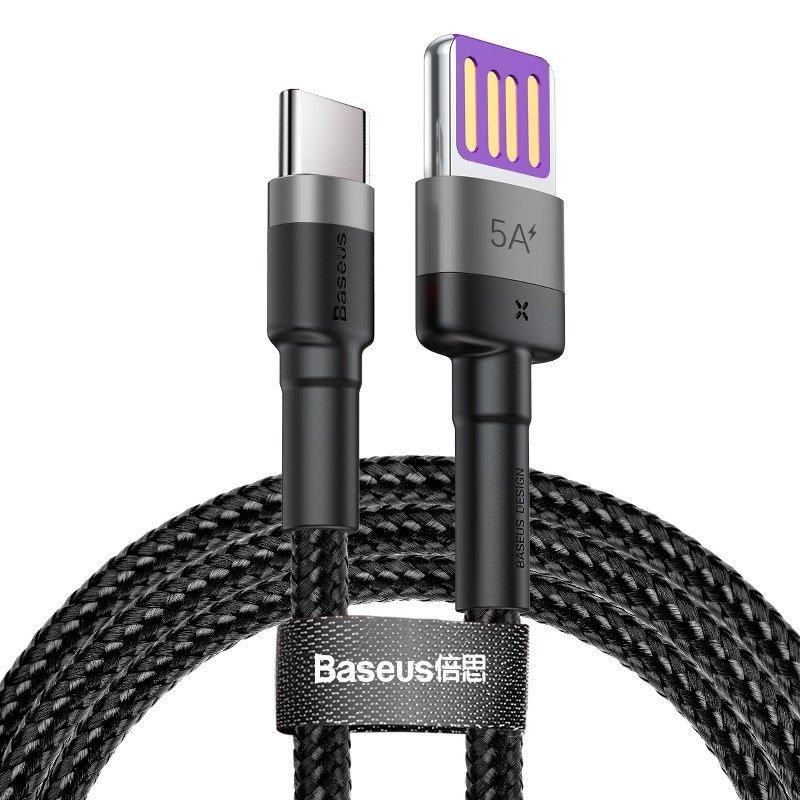 Baseus Cafule USB-C kabelis Huawei SuperCharge, QC 3.0, 5A 1 m (juodas+pilkas)