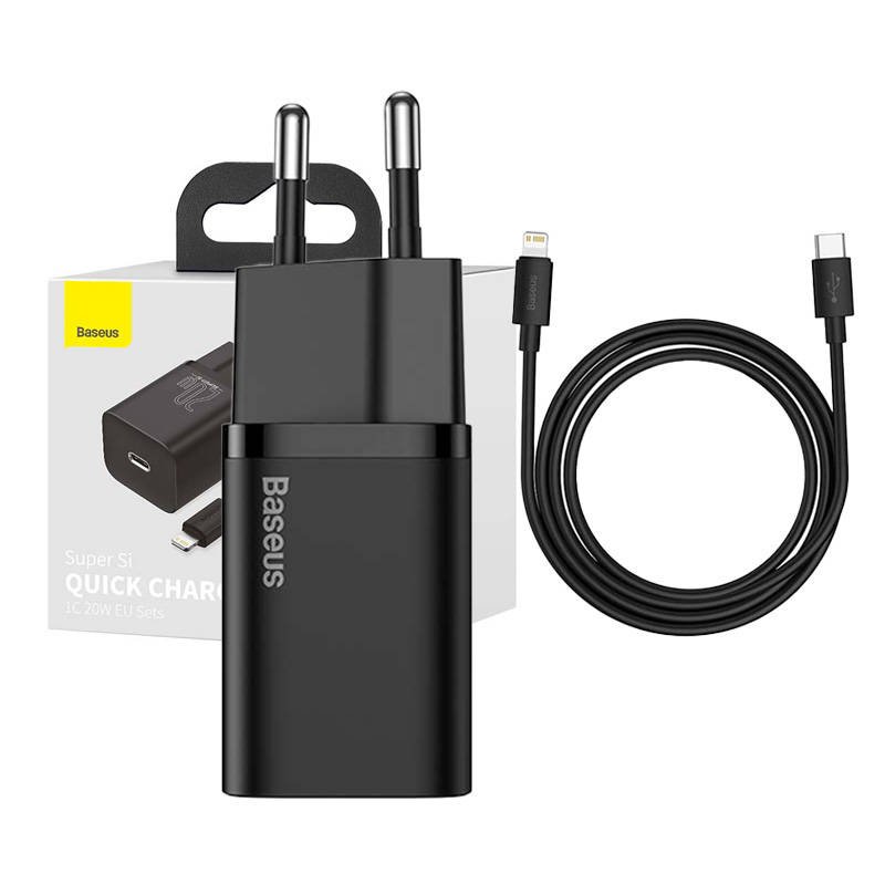 Baseus Super Si greitasis įkroviklis 1C 20W su USB-C kabeliu Lightning 1 m (juodas)
