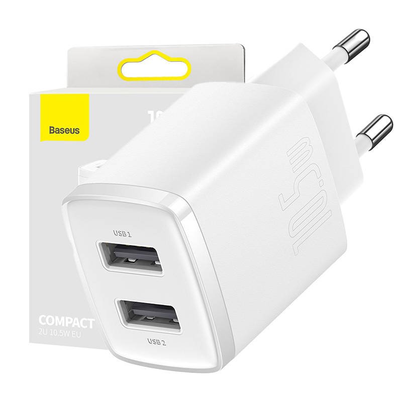 Baseus kompaktiškas greitasis įkroviklis, 2x USB, 10,5 W (baltas)