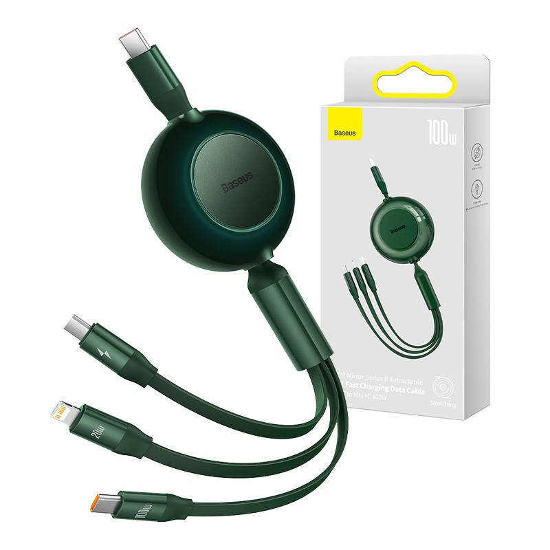 USB-C 3-in-1 kabelis Baseus Bright Mirror 4, skirtas micro USB / USB-C / Lightning 100 W / 3,5 A 1,1 m (žalias)