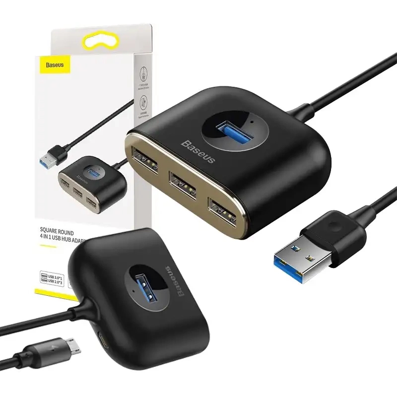 Baseus Square Round USB Adapteris, HUB USB 3.0 į 1x USB 3.0 + 3x USB 2.0, 1m (juodas)