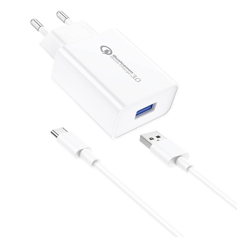 Sieninis įkroviklis Foneng EU13 18W + USB ir USB-C kabelis, 3A (baltas)