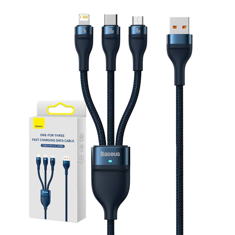 3in1 USB kabelis Baseus Flash Series, USB-C + micro USB + Lightning, 100 W, 1,2 m (mėlynas)
